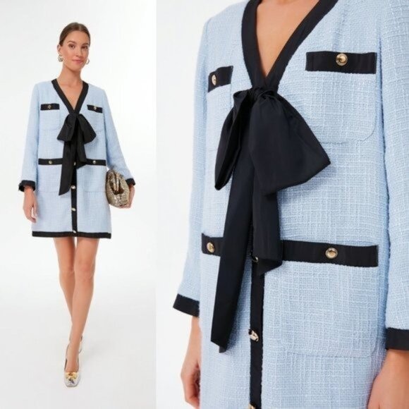 Pomander Place | NEW Coco Tweed Retro Bow Mini Dress in Light Blue Size XL - Picture 1 of 13